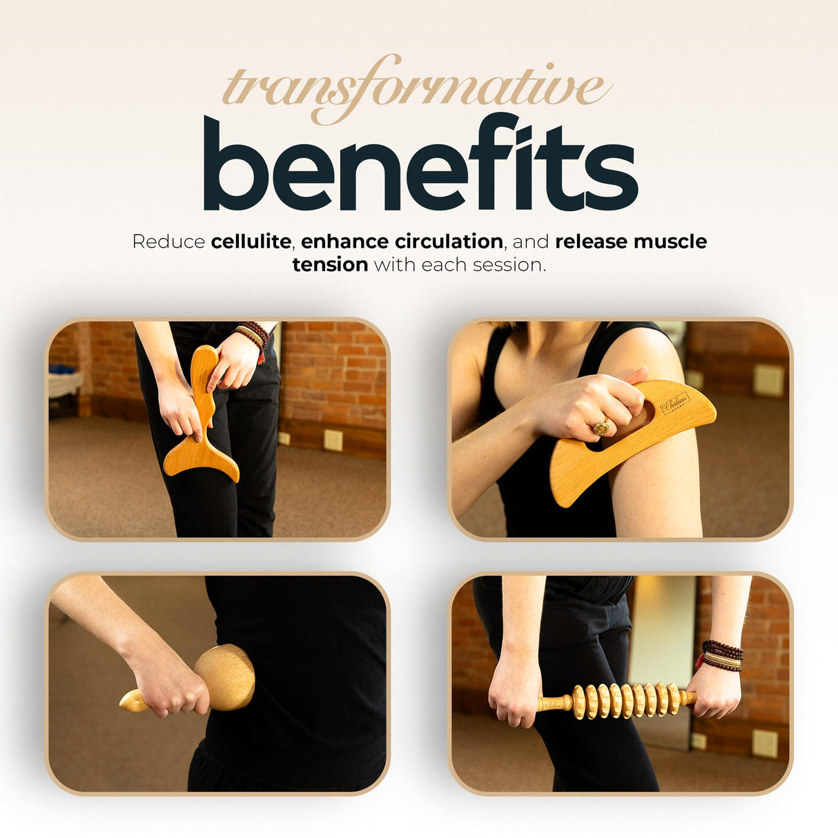 Château Avant Luxury Wooden Massage Tool Set, 5-Piece Lymphatic Drainage & Sculpting Kit – Cupper, Roller, Contouring Board, Scraper & Rope Roller Chateau Avant