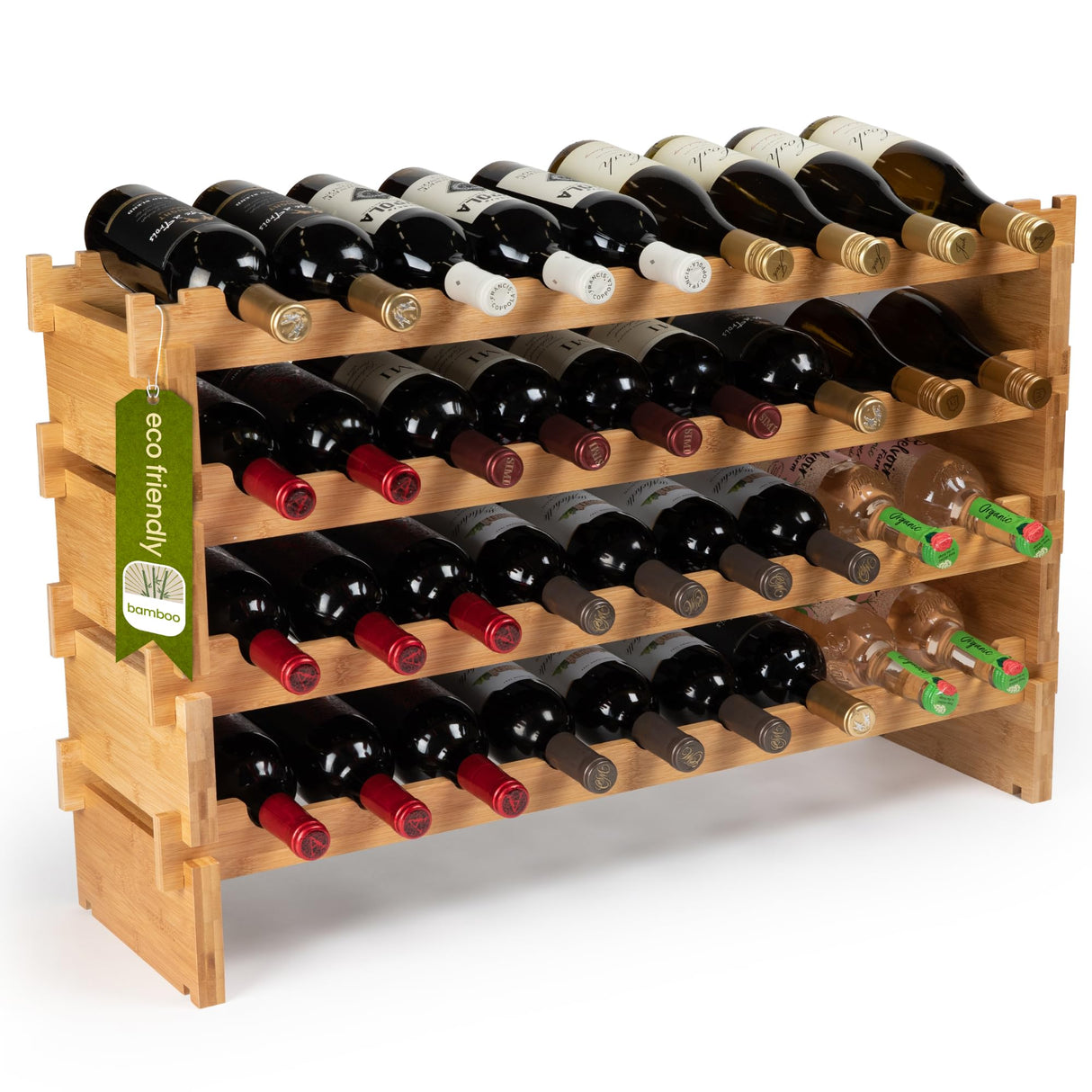 DECOMIL - 36 Bottle Large Wine Rack, Stackable & Modular Wine Storage Rack, Solid Bamboo Wine Holder Display Shelves, Wobble-Free (Four-Tier, 36 DECOMIL