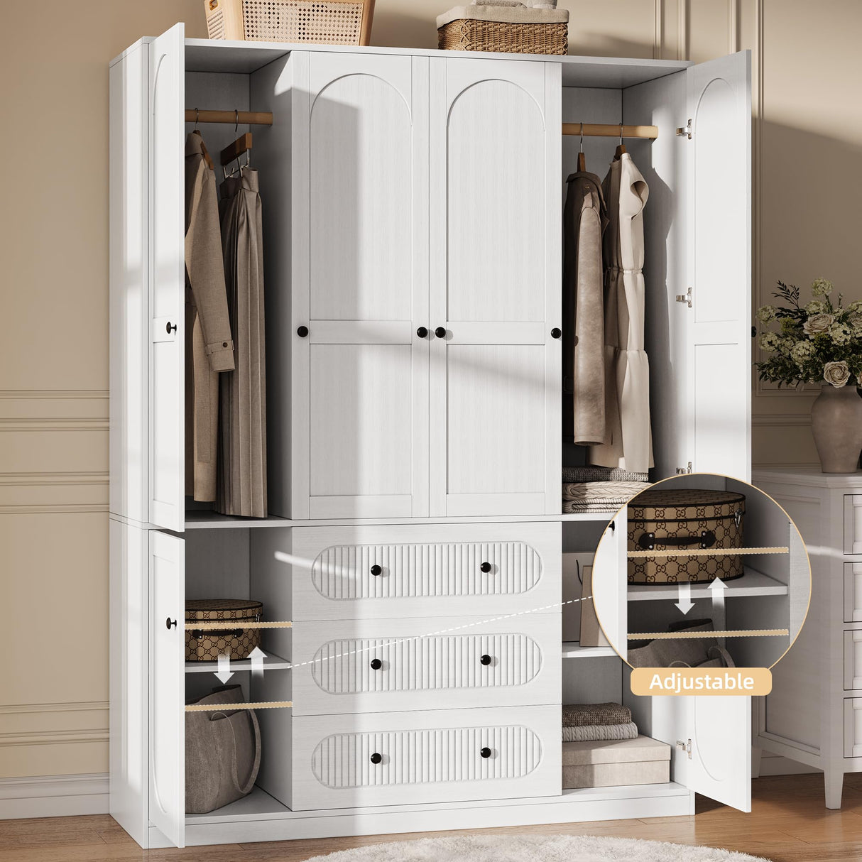 TOKSOM 4 Doors Freestanding Armoire Wardrobe Closet, 72" White Bedroom Wooden Closet Large Capacity Storage Armoire with 3 Drawerse and 3 Hanging Rod Shelves Clothes Organizer TOKSOM