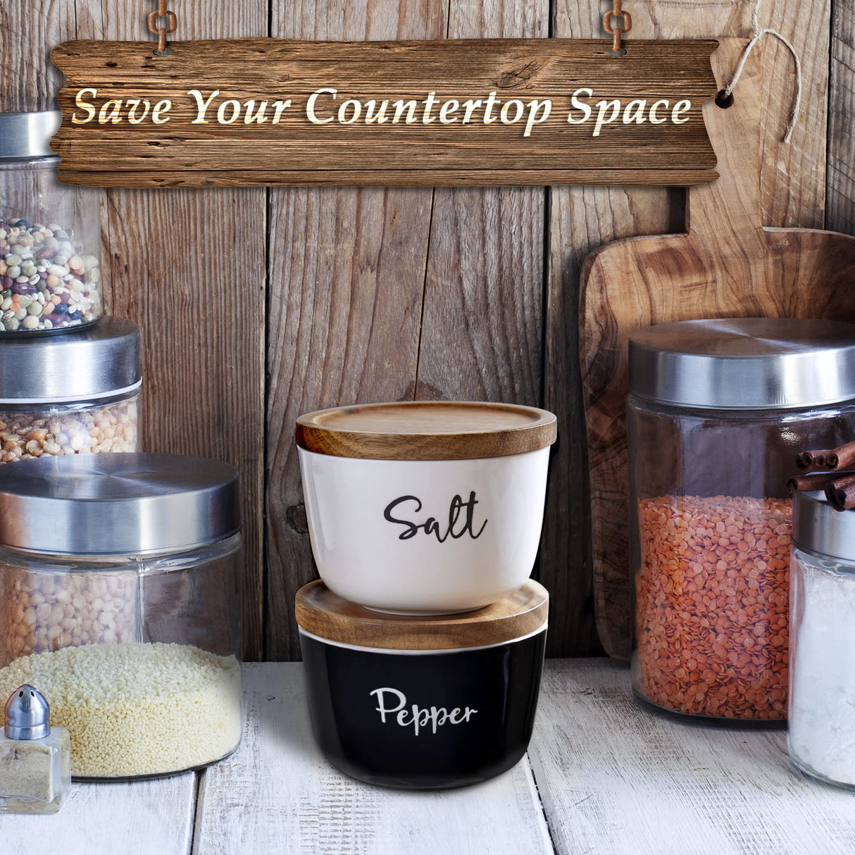 DAYYET Salt and Pepper Bowls, 10 oz Salt Cellar with Lid, Stacked Ceramic Salt Pepper Container with Acacia Wood Lid, Salt Box for Countertop, Black and White Kitchen Decor, Set of 2 DAYYET