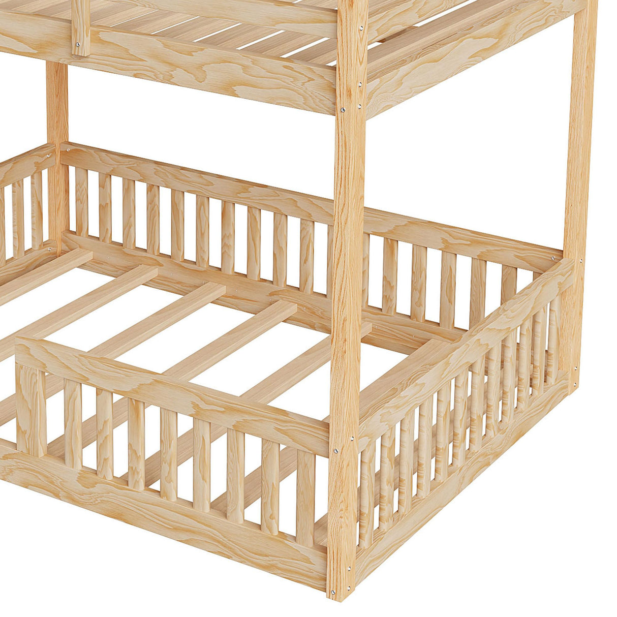 Bellemave Bunk Bed Full Over Full with Rail and guardrail, Full Bunk Bed for Kids, Girls, Boys, Floor Bunk beds with Fence, Solid Pine Wood, Natural Bellemave