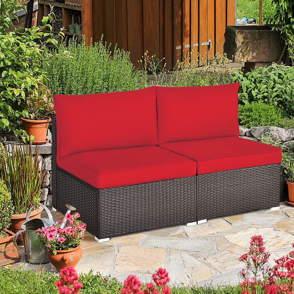DORTALA 2 Piece Wicker Sectional Armless Chairs, Outdoor Rattan Sectional Sofa Set w/Cushions for Seat and Back, Additional Seats for Garden Balcony Patio Poolside, Red DORTALA