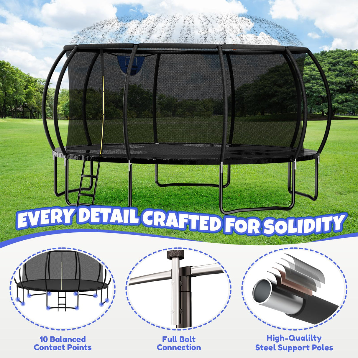 Kiivakii 16FT Trampoline, Outdoor Trampolines for Kids and Adults, Recreational Big Trampoline with Basketball Hoop, Heavy Duty Round Trampolines with Sprinkler for Backyard, ASTM Certified, Black Kiivakii