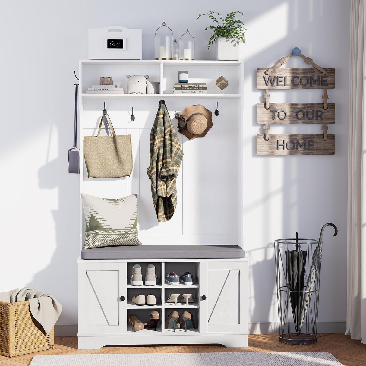 spanspace 71" Hall Tree with Bench and Shoe Storage, Entryway Hall Tree with 2 Doors and 6 Adjustable Shelves, Cushioned Mudroom Storage Bench with Coat Rack for Hallway and Living Room spanspace