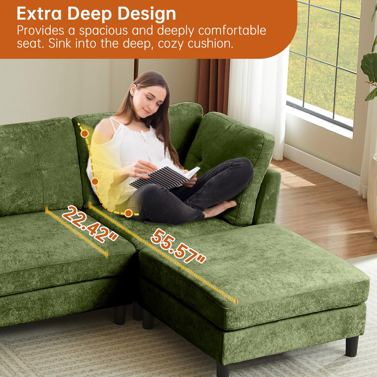 Portaforta 100" Oversized Sectional Couches for Living Room, Modular Sectional Sofa Couch, Modern Linen L Shaped Couch, 4 Seater Convertible Sofa for Living Room Apartment Office, Green Portaforta