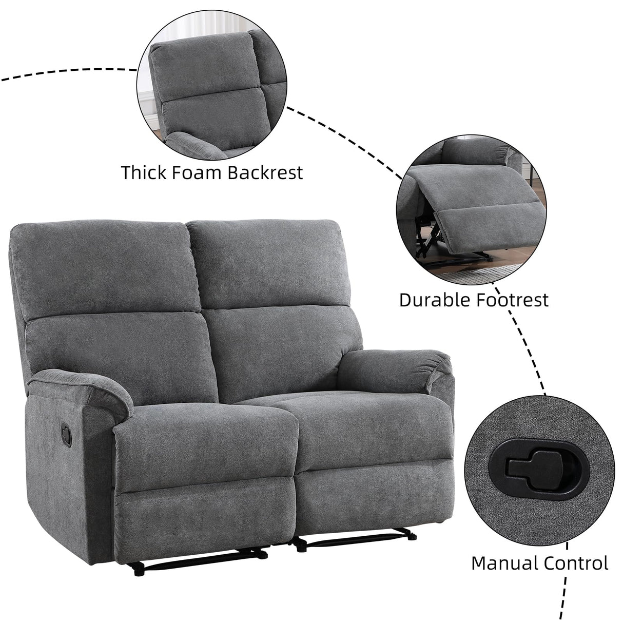 EBELLO Fabric Manual Reclining Sofa Couch, Recliner Loveseat Sofa with Sturdy Robust Metal Base, 2 Seats for Small Living Room, Bedroom and Meeting Room, Grey EBELLO