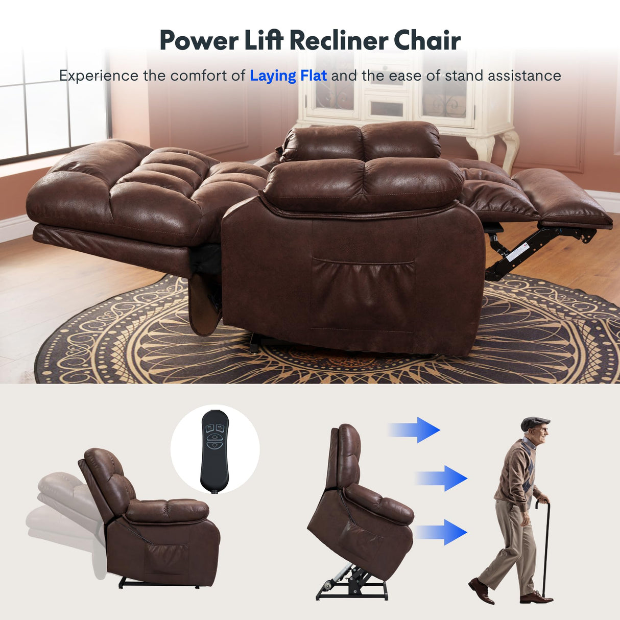 FLEXISPOT XL51 Dual OKIN Motor Power Lift Recliner Chair for Elderly, Lay Flat Sleeper Recliner with Massage & Heat, USB Ports, Faux Leather Reclining Sofa for Living Room Bedroom(Extra Large, Brown) FLEXISPOT