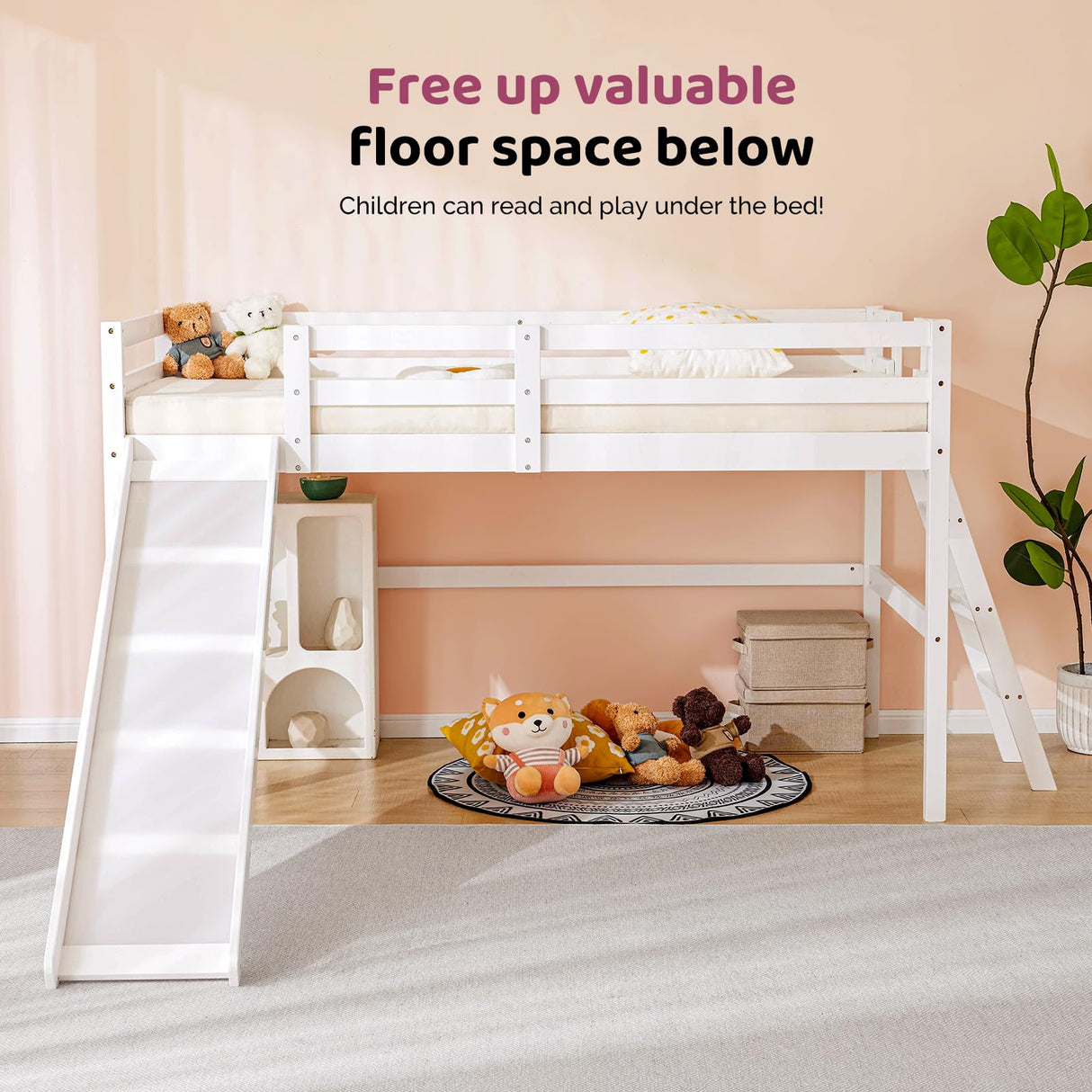 VINGLI Loft Bed with Slide, Twin, Space Saving Kids Low Loft Bed with Guardrail and Ladder, Pine Wood and Sturdy Bed Frame for Boys and Girls, White VINGLI