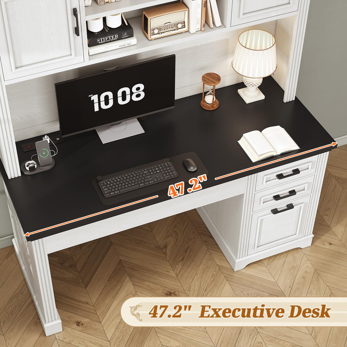 SEDETA Farmhouse Computer Desk with Hutch and 3 Drawers, 47.2" Executive Office Desk with Storage Drawers, Wood Desk with Power Outlet for Home Office, White SEDETA
