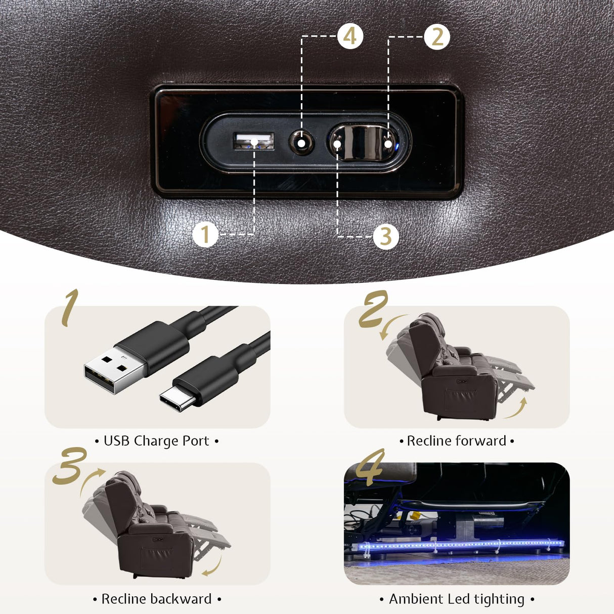 SAMERY Power Loveseat Recliner Sofa with Adjustable Split Back, Multi-Port Charger, Flip-Up Backrest & LED Lighting - Home Theater Seating with Storage, Cup Holders, Brown Faux Leather Loveseat SAMERY