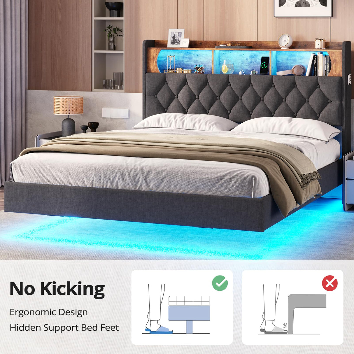 BTHFST Dark Grey Floating Bed Frame with LED Lights and Storage Headboard, Queen Size, No Box Spring Required BTHFST