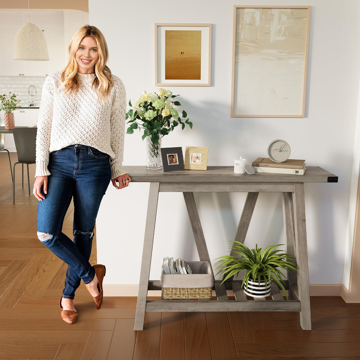 JOINHOM Farmhouse Console Table for Entryway - Wood Entryway Tables with Shelves, Sofa Table for Entryway, Living Room, Hallway, Gray JOINHOM