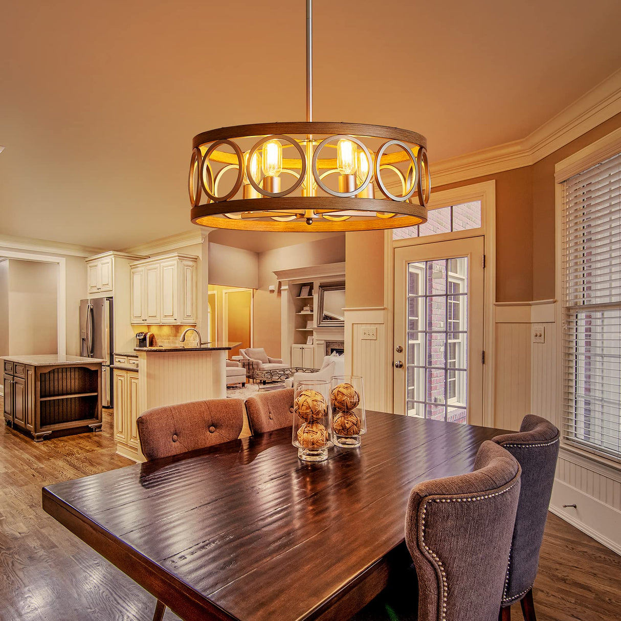 XINGQI 21.7'' Modern Farmhouse Chandelier, Drum Ceiling Light Fixture for Living Dining Room Over Table, 5 Lights Antique Wood Grain Brushed Nickel with Round Metal XINGQI