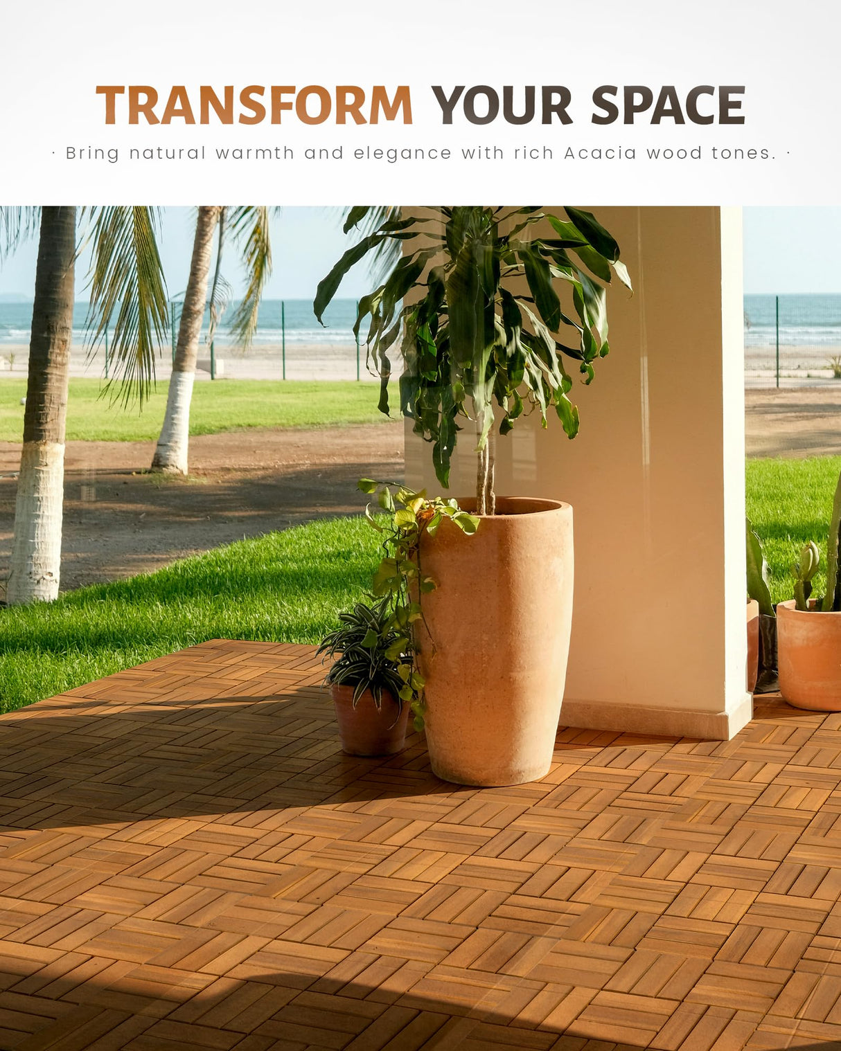 Upolana 9 PCS Interlocking Deck Tiles 12" x 12", 12 Slats Outdoor Flooring Acacia Wood Patio Tiles, Waterproof Patio Flooring Decking for Balcony Backyard, Indoor and Outdoor Use Upolana