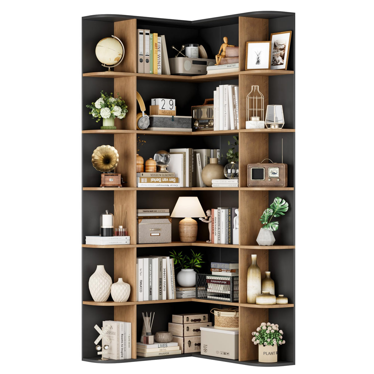 FOTOSOK 74” Tall Corner Bookshelf, 6-Tier Bookshelf and Bookcase with Open Storage, Tall Bookcases Wooden Storage Shelves for Home Office, Thickened Boards for Better Load Bearing, Black/Brown FOTOSOK