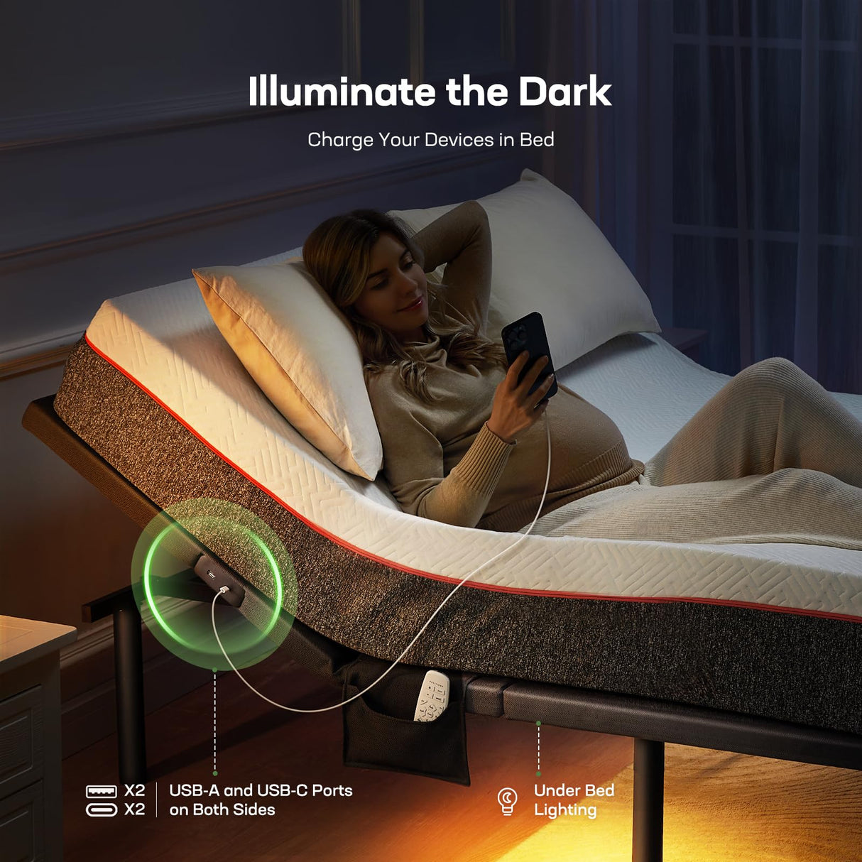 Marsail MS01-1 Split King Adjustable Bed Base with Massage, 4 Ports USB A&C Adjustable Bed Frame with Under-Bed Nightlight, 3 Minutes Assembly, Wireless Control Adjustable Bed with 4 Height Options Marsail