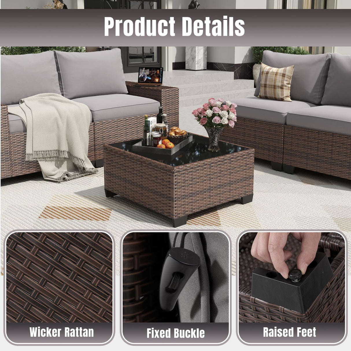 Aoxun 13 Pieces Patio Furniture Set with 44” Fire Pit Table Wicker Rattan Outdoor Sectional Conversation Set with Coffee Table and 4” Thickened Cushions, Gray(Waterproof Cover Included) Aoxun