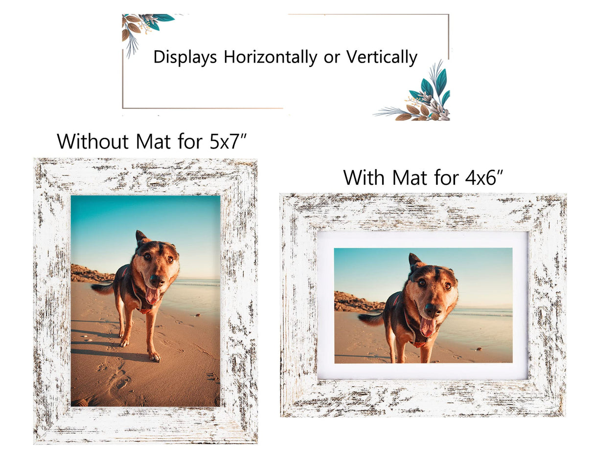 Califortree Rustic White 5x7 Picture Frame - Display Photos 4x6 with Mat or 5x7 Without Mat - Real Glass Frames for Wall and Tabletop - Set of 2 Califortree