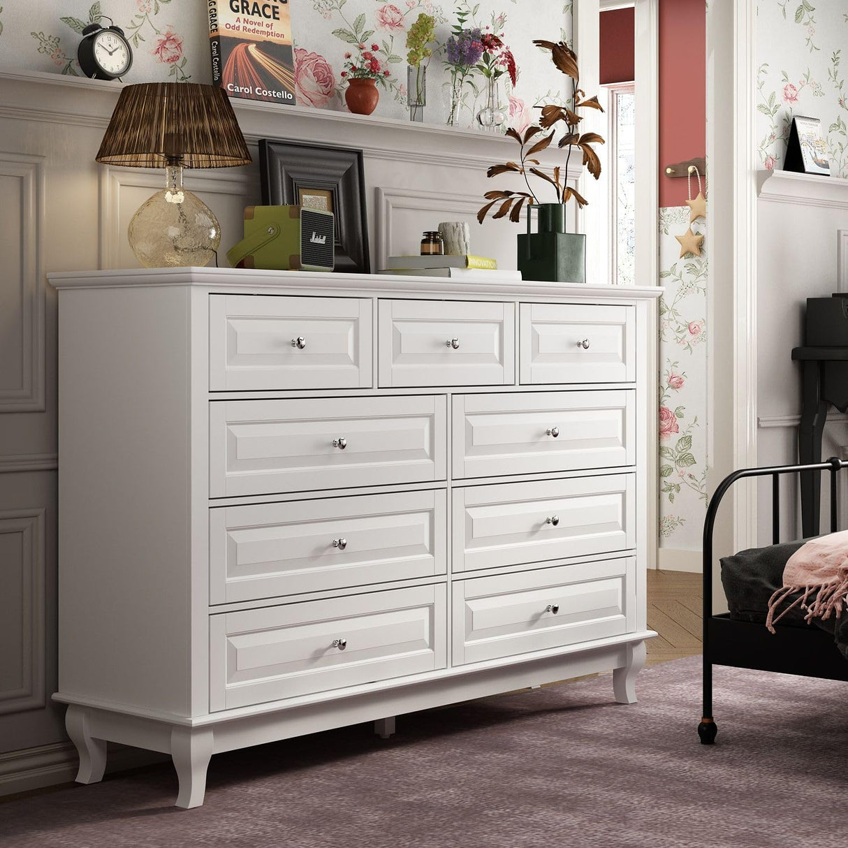 MOUMON Chest of Drawers 9 Drawer Dresser, Modern Contemporary Dresser with Sliver Handles, Wooden Legs, 9 Drawer Cabinet White Dresser for Bedroom (55.1”W x 15.7”D x 37”H) MOUMON