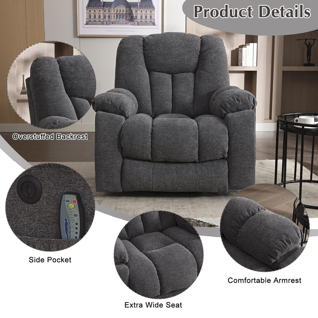 CANMOV Power Lift Recliner Chair with Massage and Heat for Elderly, Overstuffed Wide Recliners, Heavy Duty and Safety Motion Reclining Mechanism with USB Ports, 2 Concealed Cup Holders, Smoke Gray CANMOV