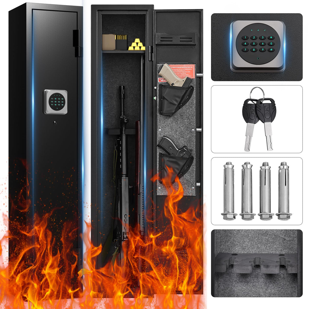 HEANVO 2-3 Rifle Gun Safe, Quick Access Gun Safe with Alarm, Home Gun Safe with Digital Keypad, Compact Long Gun Safe with Removable Spacer and LED Lights HEANVO