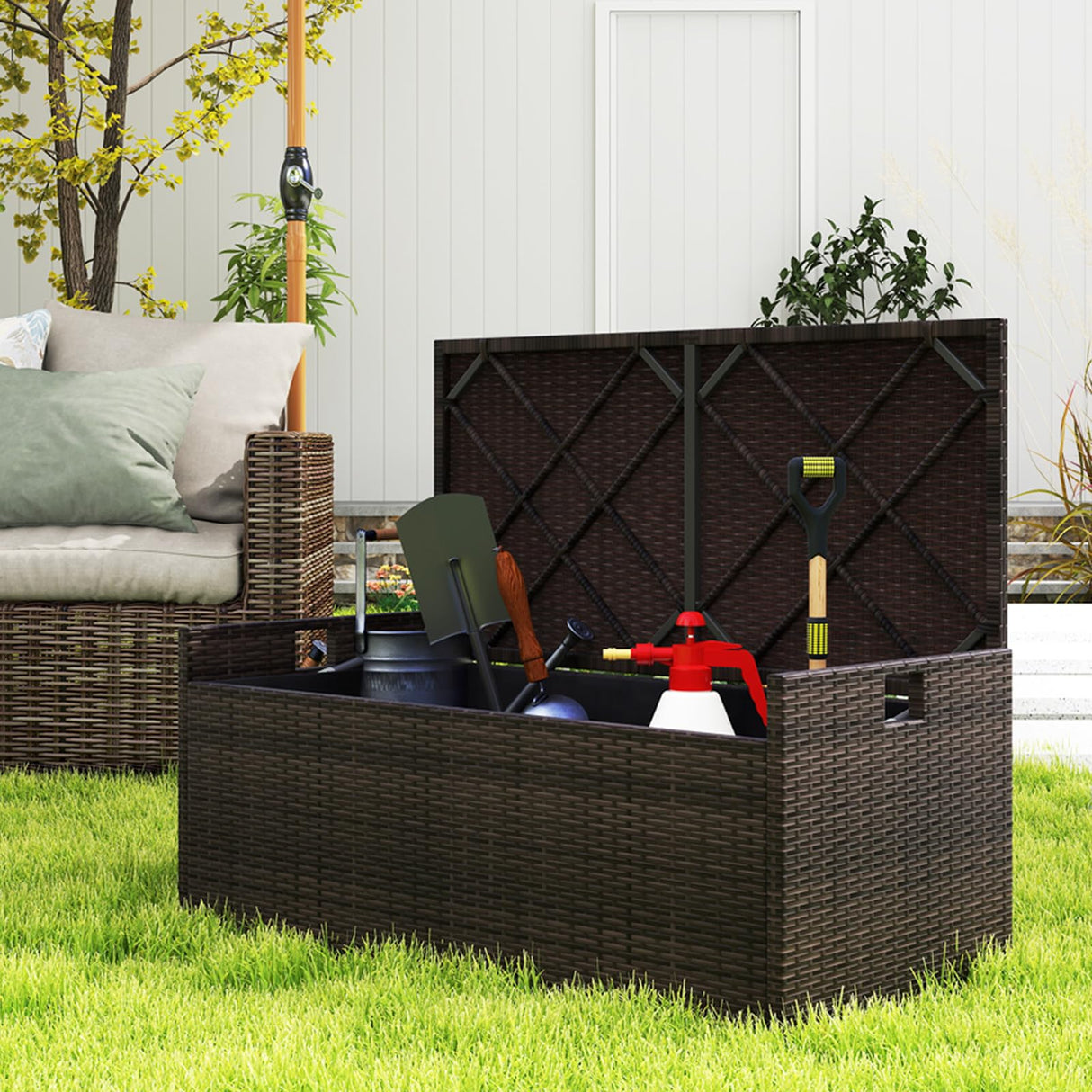 RELAX4LIFE 34-Gallon Outdoor Storage Box - Wicker Rattan Deck Box w/Seat Cushion, Waterproof Liner & Side Handles for Pillows, Patio Cushions, Pool Supplies, Garden Tools, Porch Outdoor Storage Bench RELAX4LIFE