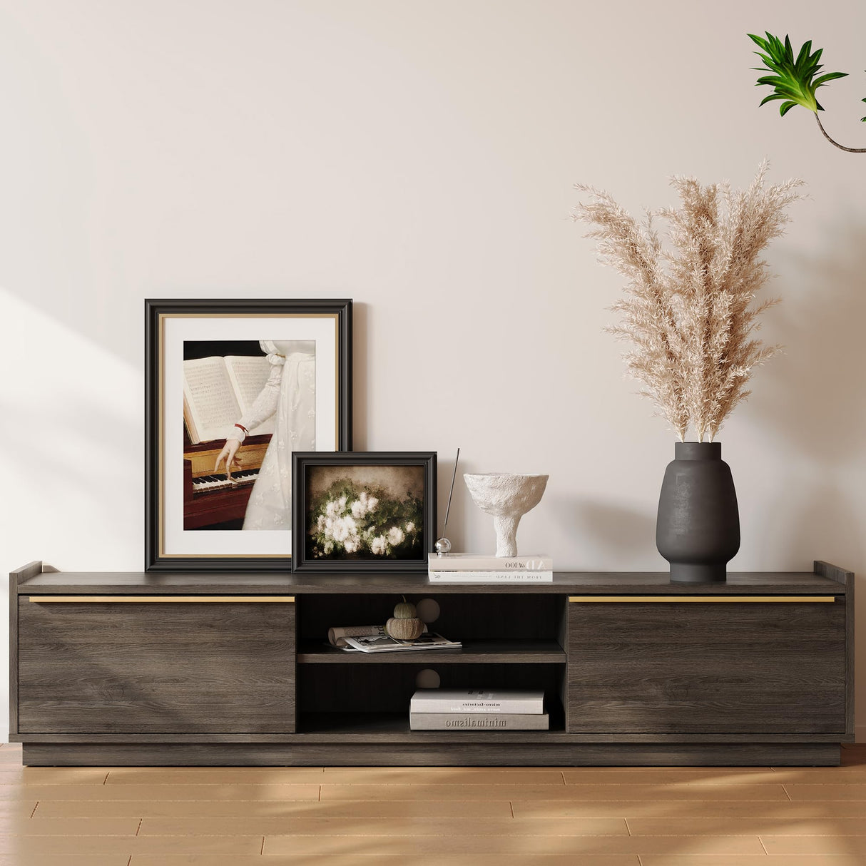 BELLEZE 69" TV Stand for TVs up to 75", Media Entertainment Center with 2-Tier Open Shelves and 2 Storage Cabinets, Wood Console Table for Living Room, Bed Room - Cayden (Brown) BELLEZE