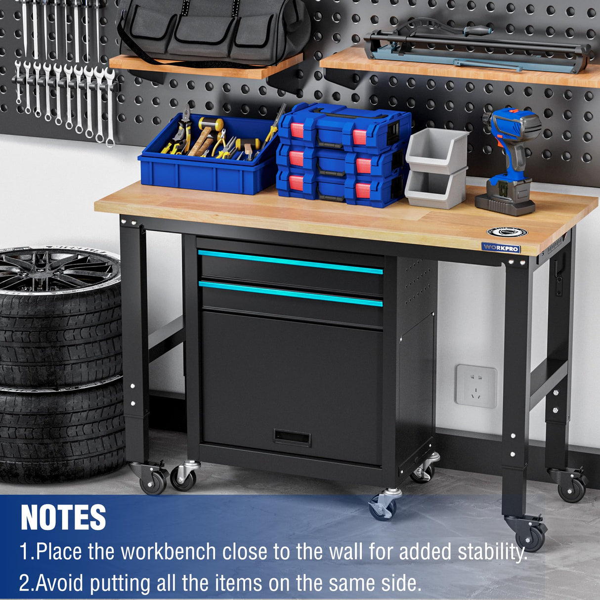WORKPRO Garage Workbench, 48"X22" Adjustable Workbench with Wheels, Rubber Wood Top Heavy-Duty Workstation with Power Outlets, 1000 LBS Stationary Load Capacity, for Workshop, Garage, Office, Home WORKPRO