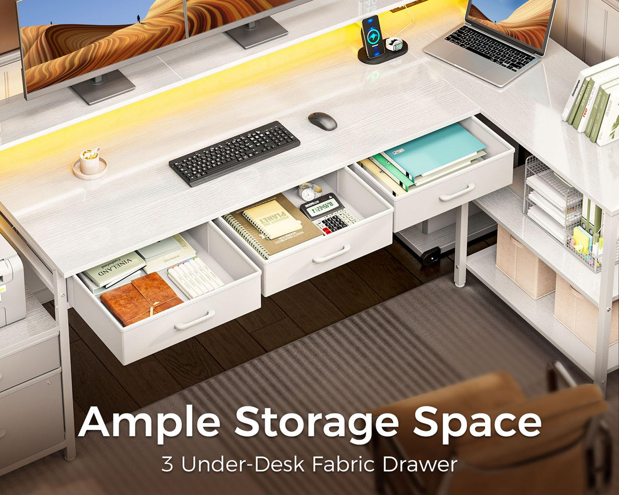 AODK L Shaped Desk with 5 File Drawers, 66" Reversible L Shaped Computer Desk with Power Outlet & LED Strip, Office Desk with Storage Shelves, Gaming Desk with Monitor Shelf, Corner Desk, White AODK