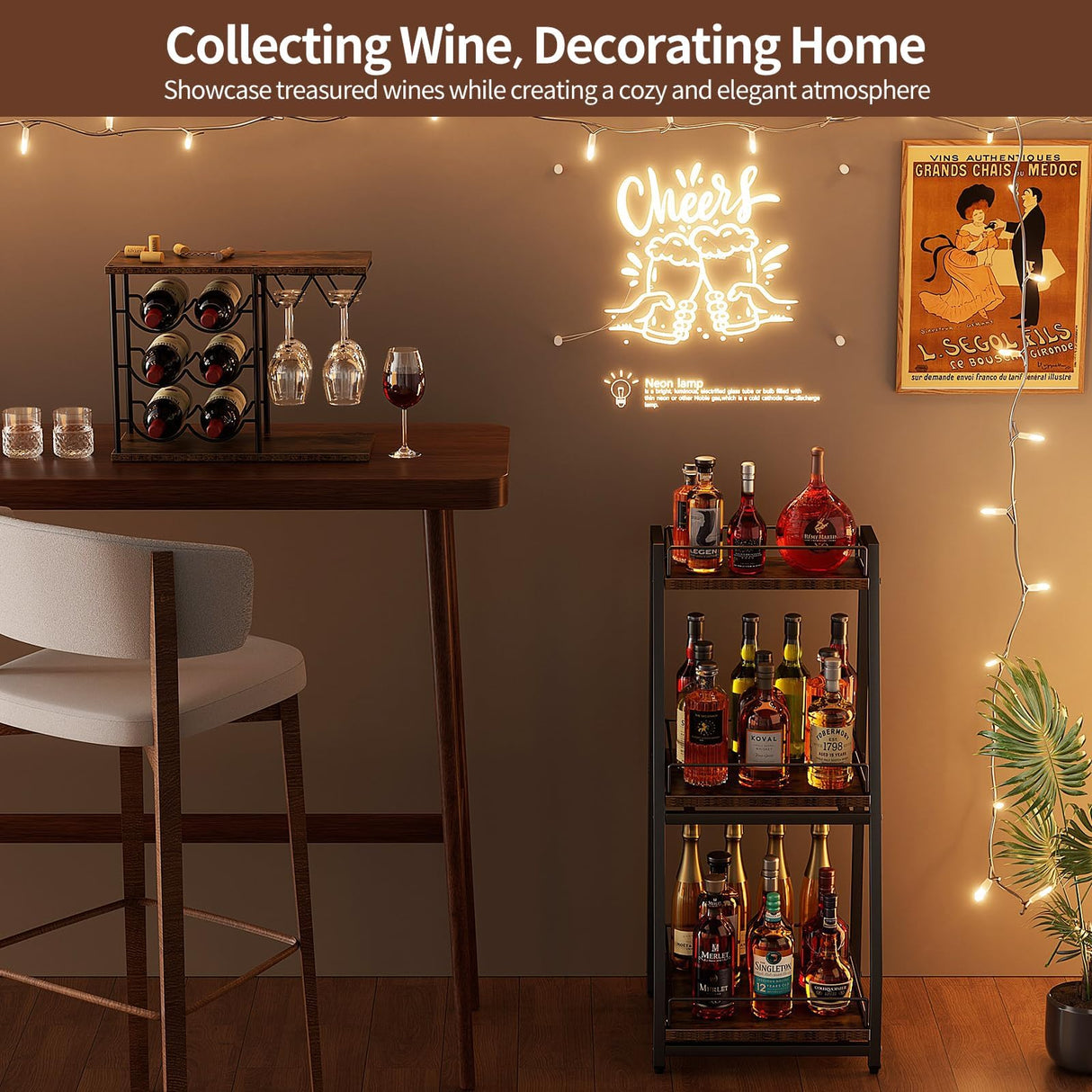 Nuovoware 3-Tier Stepped Liquor Cabinet Mini Bar, Wine Rack Freestanding Floor for Whiskey, Corner Liquor Bottle Display Shelf with Fences and Slide Drawer for Home Kitchen Dining Living Room, Black Nuovoware