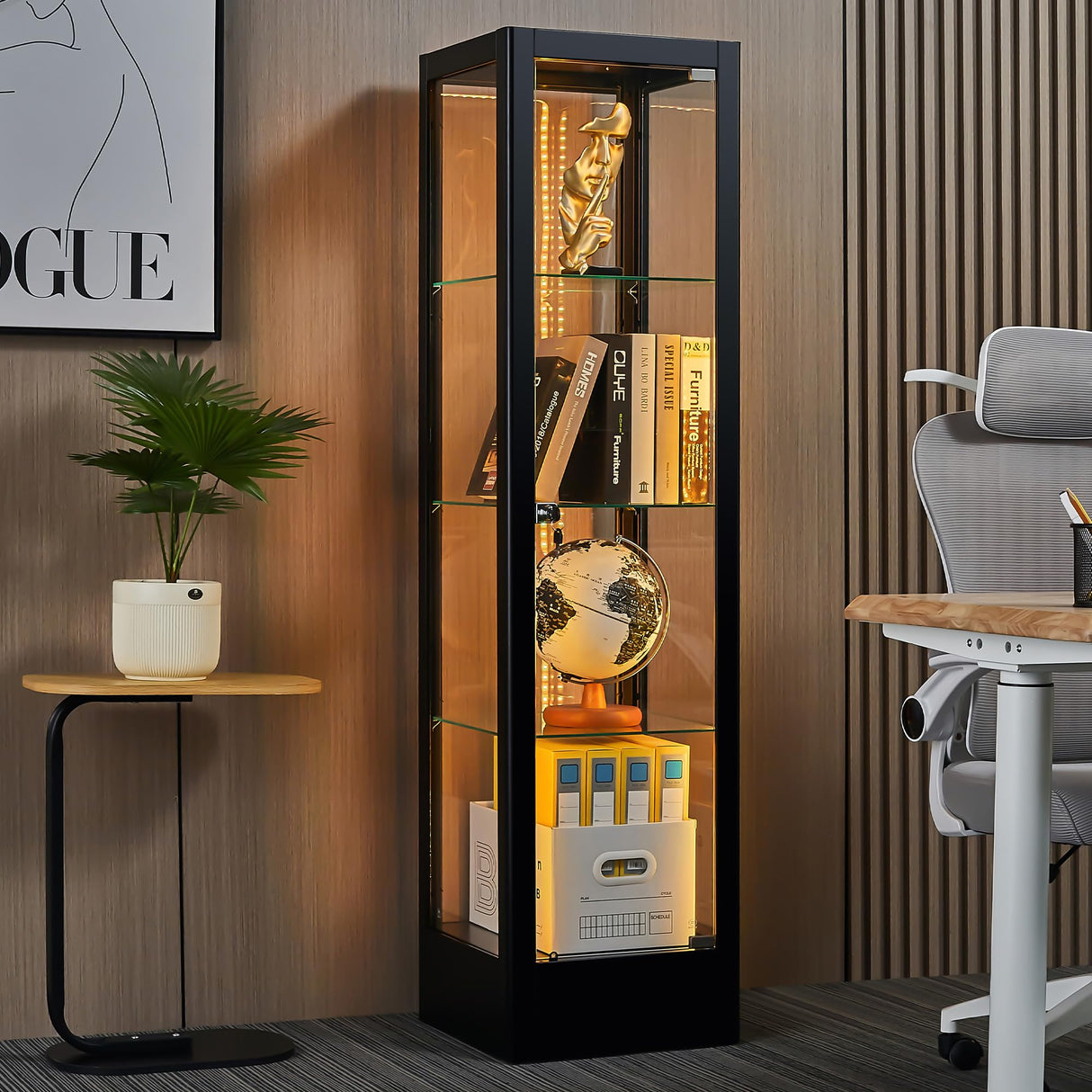 Foreate 4-Tier Glass Display Cabinet Case with 13 Colors Light & Lock, 63" Curio Cabinet with Glass Door & Adjustable Shelves, Thickened 5MM Tempered Glass Collectibles Display Case Bookshelf, Black Foreate