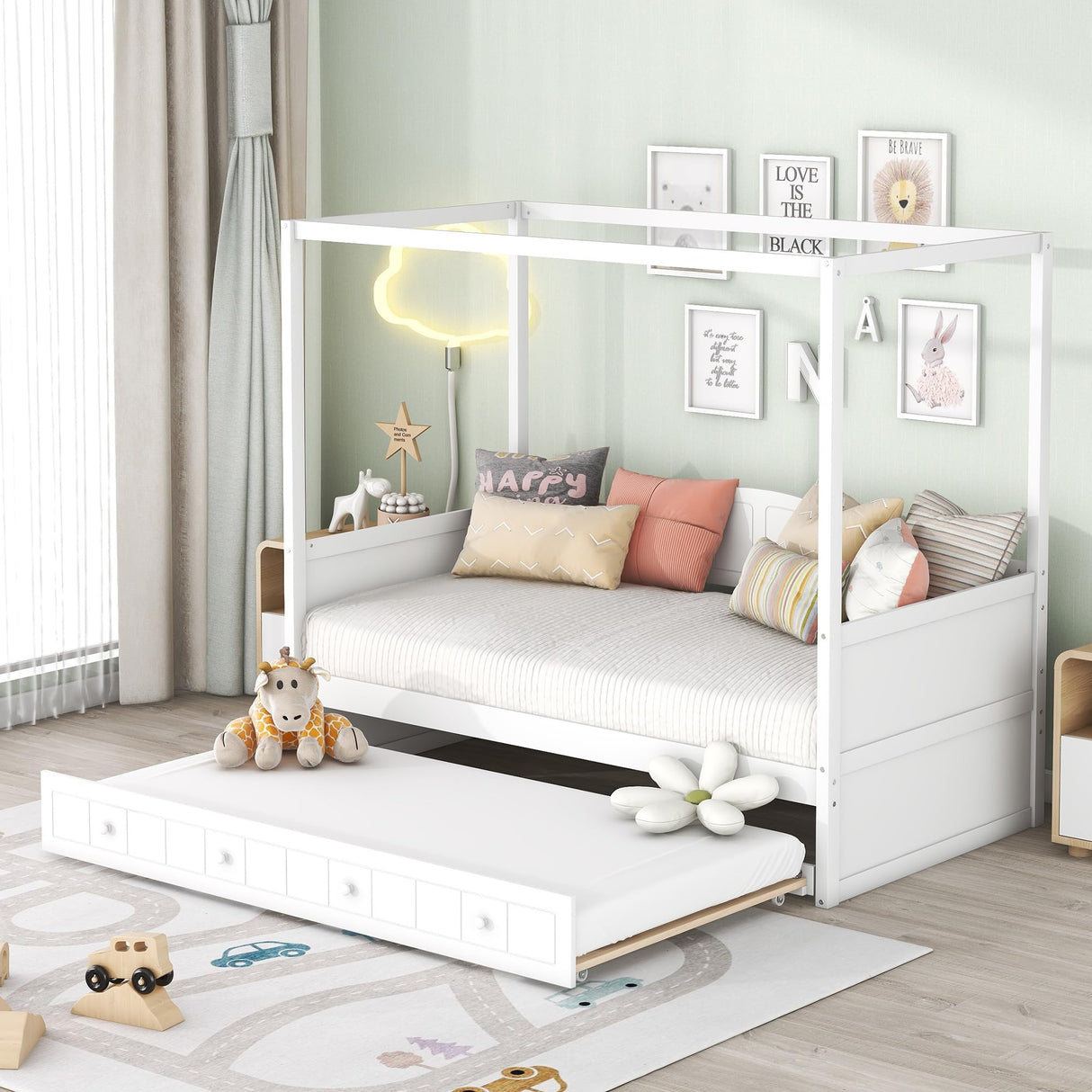 Harper & Bright Designs Modern White Twin Canopy Bed with Trundle for Kids and Teens Harper & Bright Designs