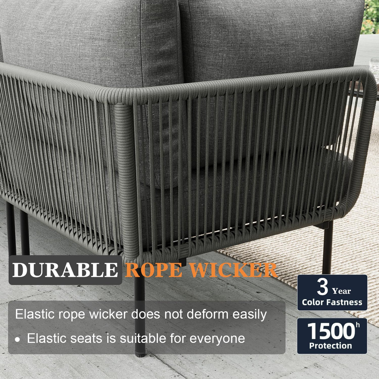 Vakollia 9 Piece Modern Outdoor Rope Wicker Sectional Patio L-Shaped Conversation Sofa Set Deep Seating with Fire Pit Table Vakollia