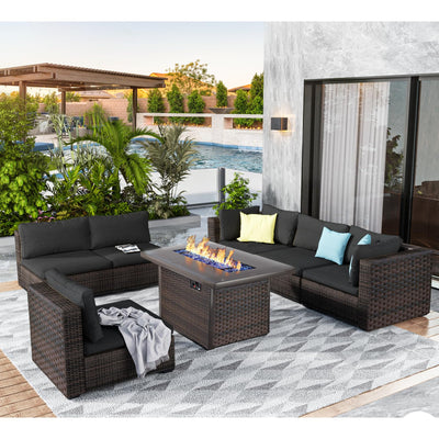 GREZJXC 7 Pieces Outdoor Sectional Patio Furniture Set with Fire Pit Table PE Rattan Wicker Patio Sectional Conversation Set with Cushion Black