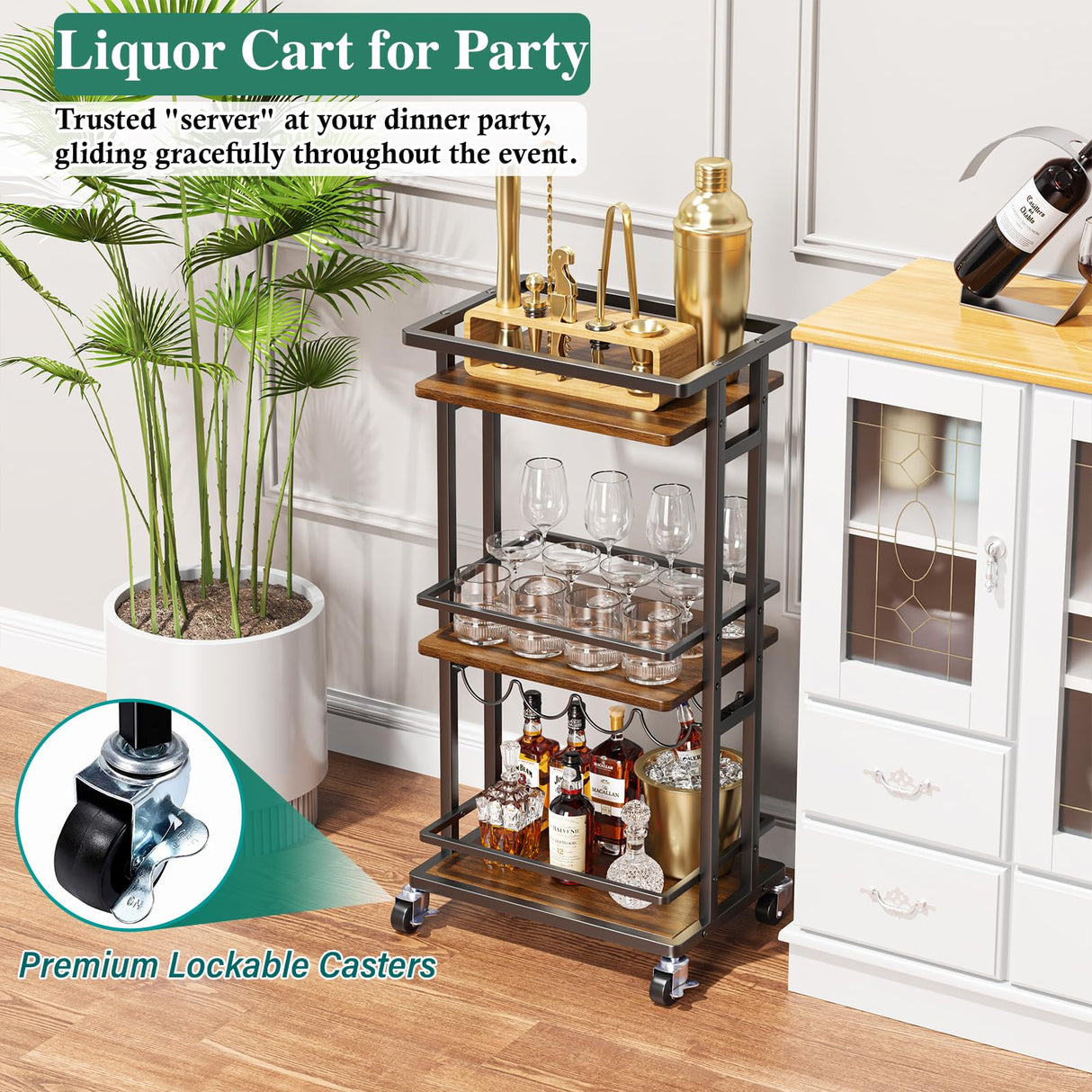 OKZEST 4-Tier Liquor Cabinet with Wine Rack, Mini Bar Cart for Home, Small Liquor Bar for Alcohol, Rolling Kitchen Serving Cart on Wheels, Wine Drink Cart for Party, Bar Stand for Small Space OKZEST