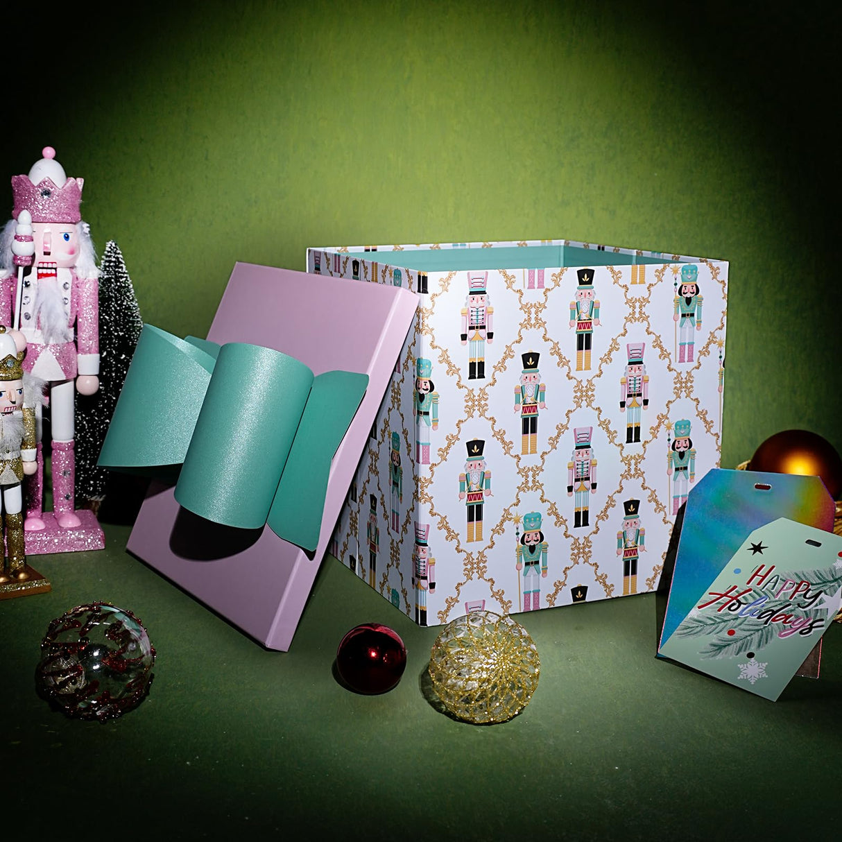 BIOBROWN Medium Christmas Gift Boxes with Lids for Presents, 9x9x9 Inches Nutcracker Design Collapsible Gift Box for Party, Xmas, Holiday BIOBROWN