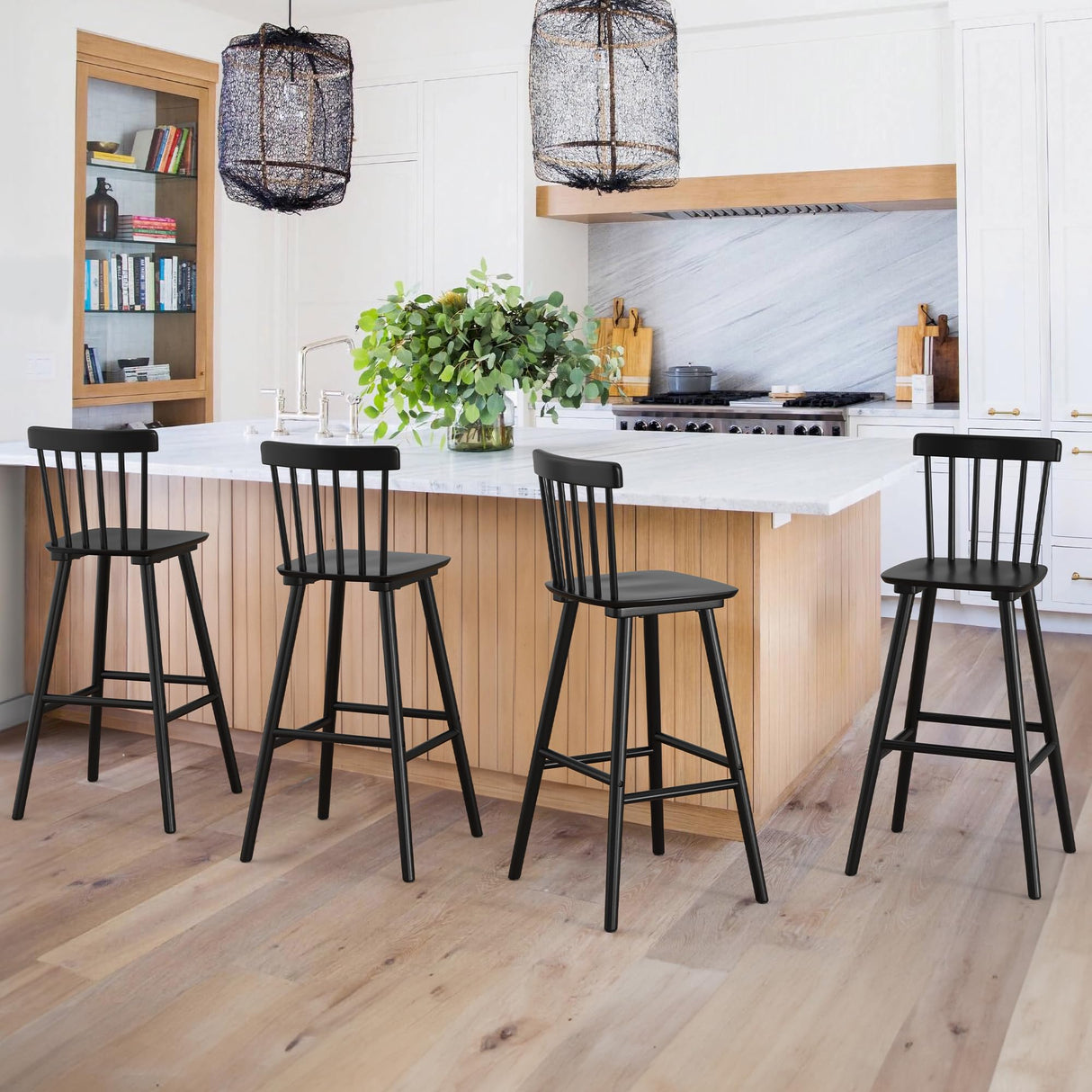 LUE BONA Windsor Wooden Barstools Set of 4 for Kitchen Island, Farmhouse 30 Inch Bar Height Stools Chairs with Spindle Back for Bar Bistro, Black LUE BONA