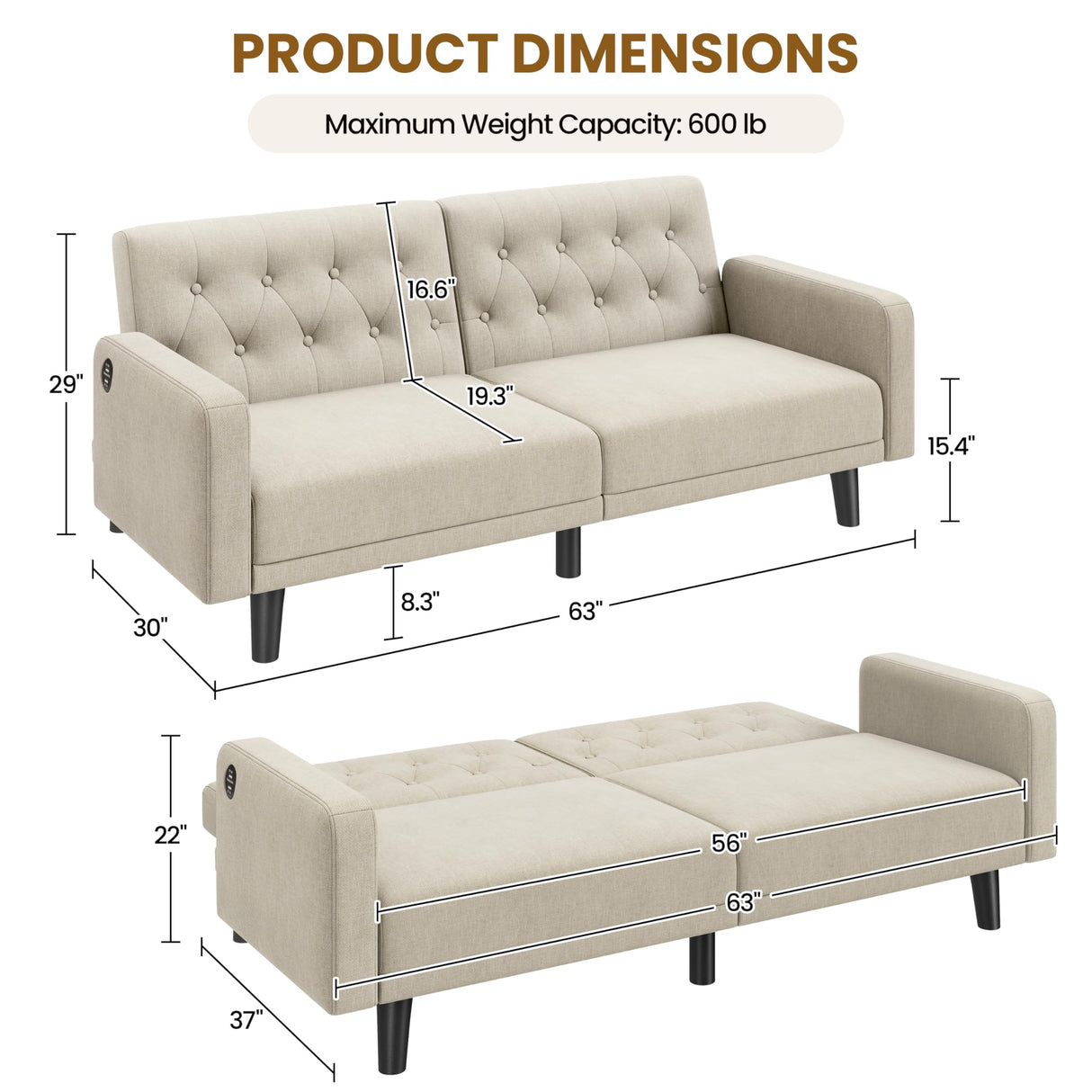 Yaheetech 63" Convertible Couch Small Futon Sofa Bed with 2 USB Ports, Reclining Backrest & Removable Armrests, Mid Century Modern Loveseat for Living Room, Apartment, Office, Beige Yaheetech