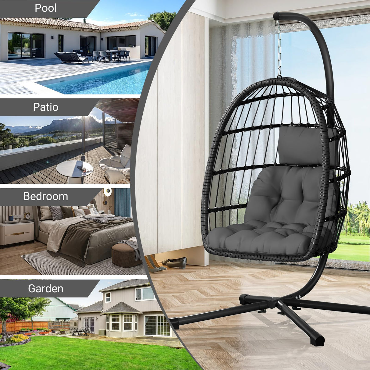 CHABATREE Egg Chair with Stand,Patio Rattan Wicker Hanging Swing Egg Chair Hammock Chair for Bedroom Porch Garden,Thickened Aluminum Alloy Steel Frame and UV Resistant Cushion,350LBS Capacity CHABATREE