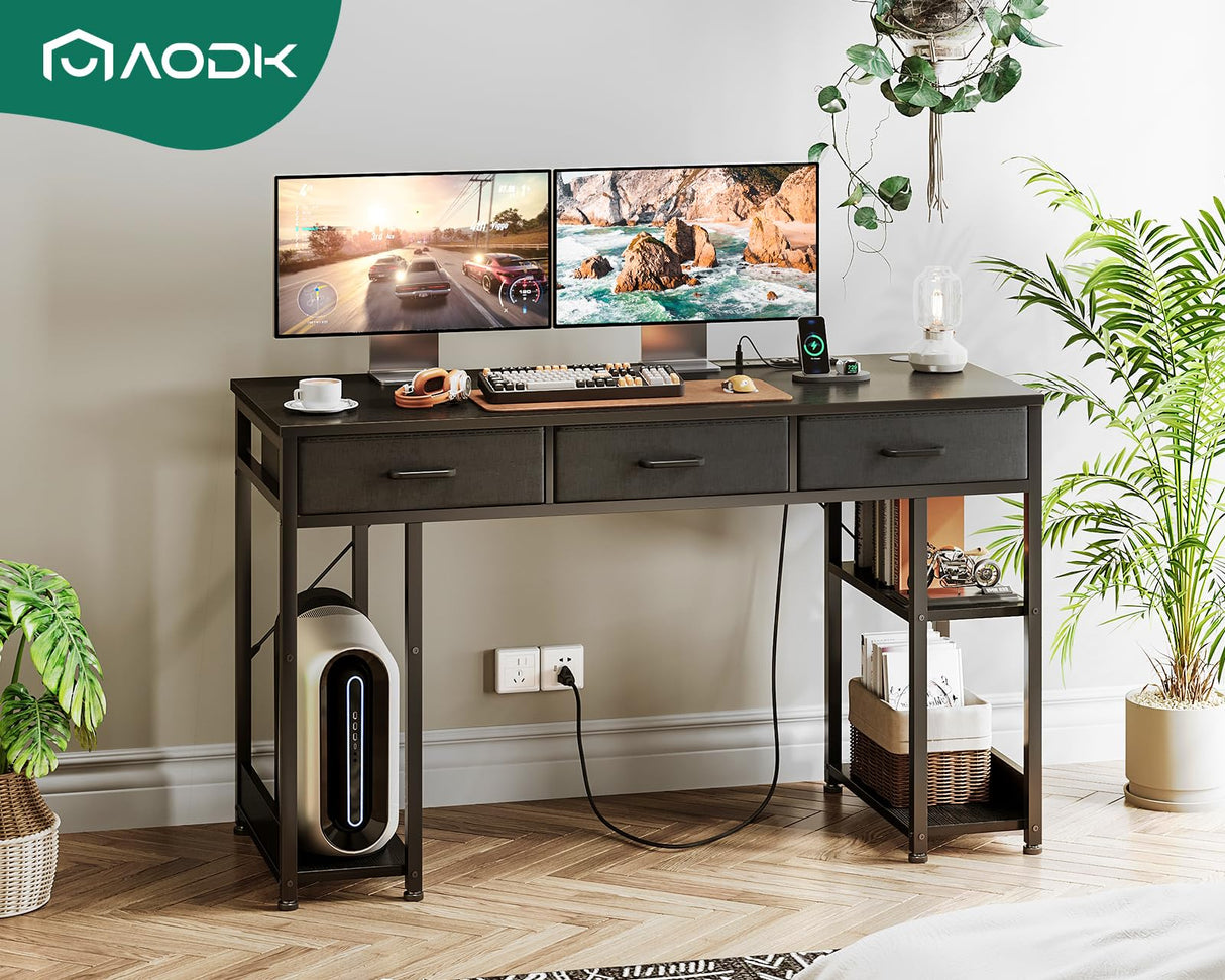 AODK 48 Inch Black Gaming Desk with Fabric Drawers, Power Outlets, and Storage Shelves AODK