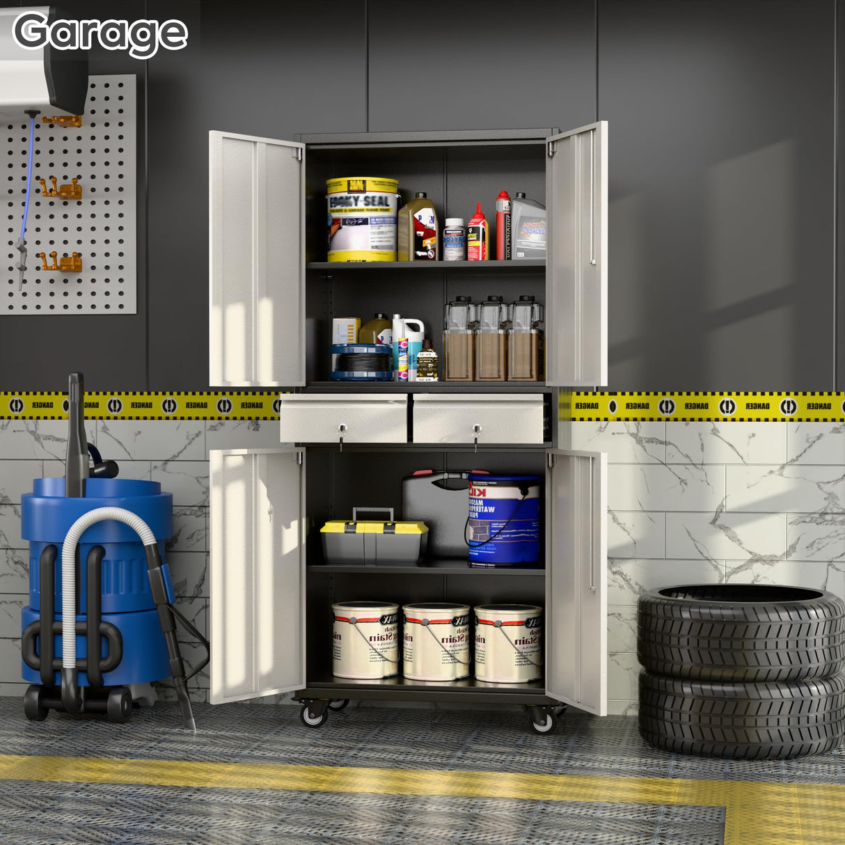 SUXXAN 71" Tall Metal Garage Storage Cabinet with 4 Wheels and 2 Drawer, Rolling Tool Storage Cabinet with Locking Doors and Adjustable Shelves,Heavy Duty Steel Tool Cabinet for Garage, Warehouse SUXXAN