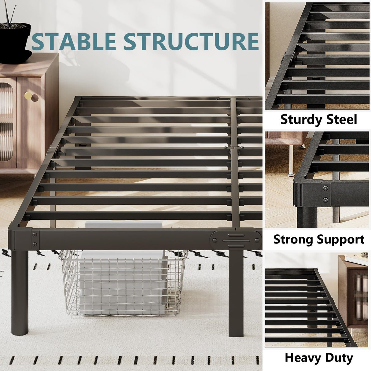 Viisari King Bed Frame 14 Inch Metal Bed Frame King Heavy Duty Platform No Box Spring Needed Easy Assembly Noise Free Black 4005-14B Viisari