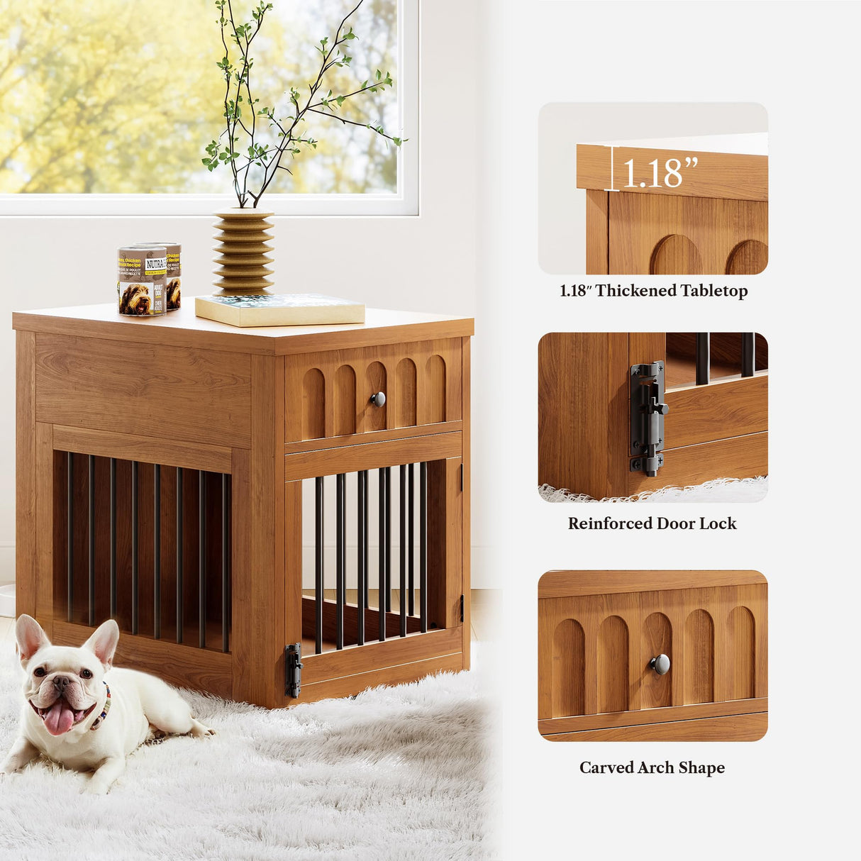 LIKEMET Dog Crate Furniture for Small Dogs, Wooden Dog Kennel with Drawer, Indoor Pet Crate End Table with 1.18-inch Tabletop, Decorative Pet Cage Dog House, Walnut LIKEMET