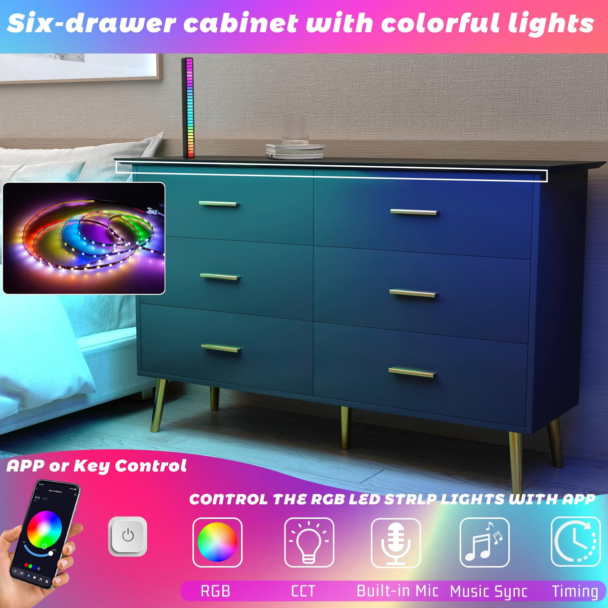 HUANLEGO Black Dresser for Bedroom with LED Lights, Modern 6 Dressers & Chests of Drawers Dresser Wood Dressers Bedroom Furniture 6 Drawers Dresser Storage Organizer for Bedroom Living Room HUANLEGO
