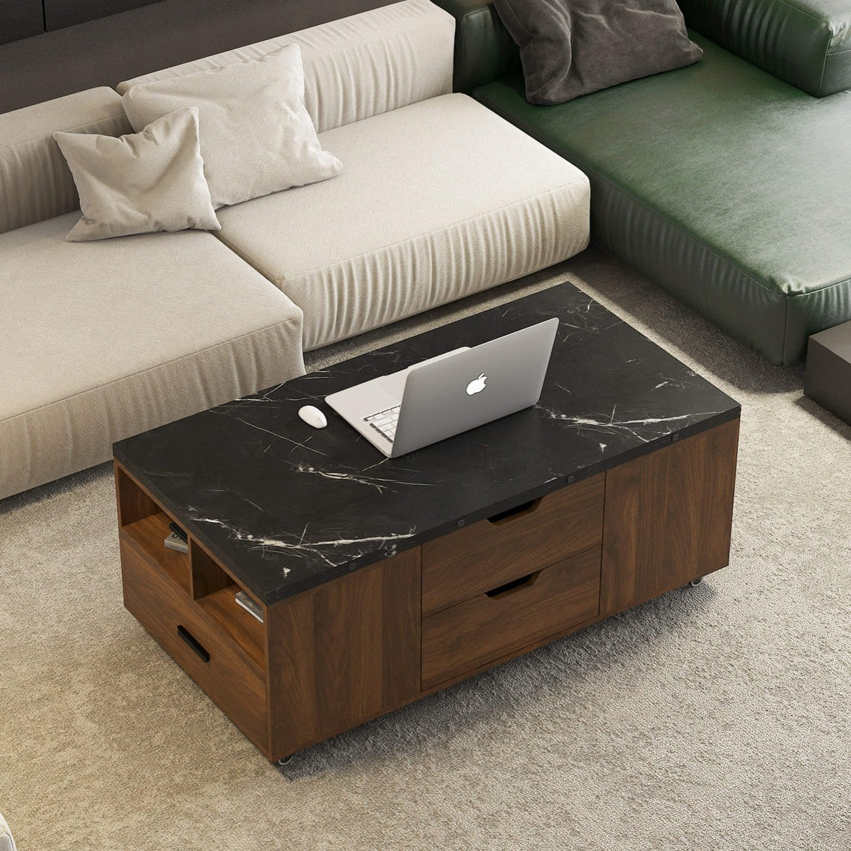 KEIKI Expandable Desktop Lift Top Nesting Coffee Table with 2 Stools, 1 Hidden Storage Space & Drawers, Wood Modern Rectangular Center Table for Living Room Furniture, Black & Walnut KEIKI