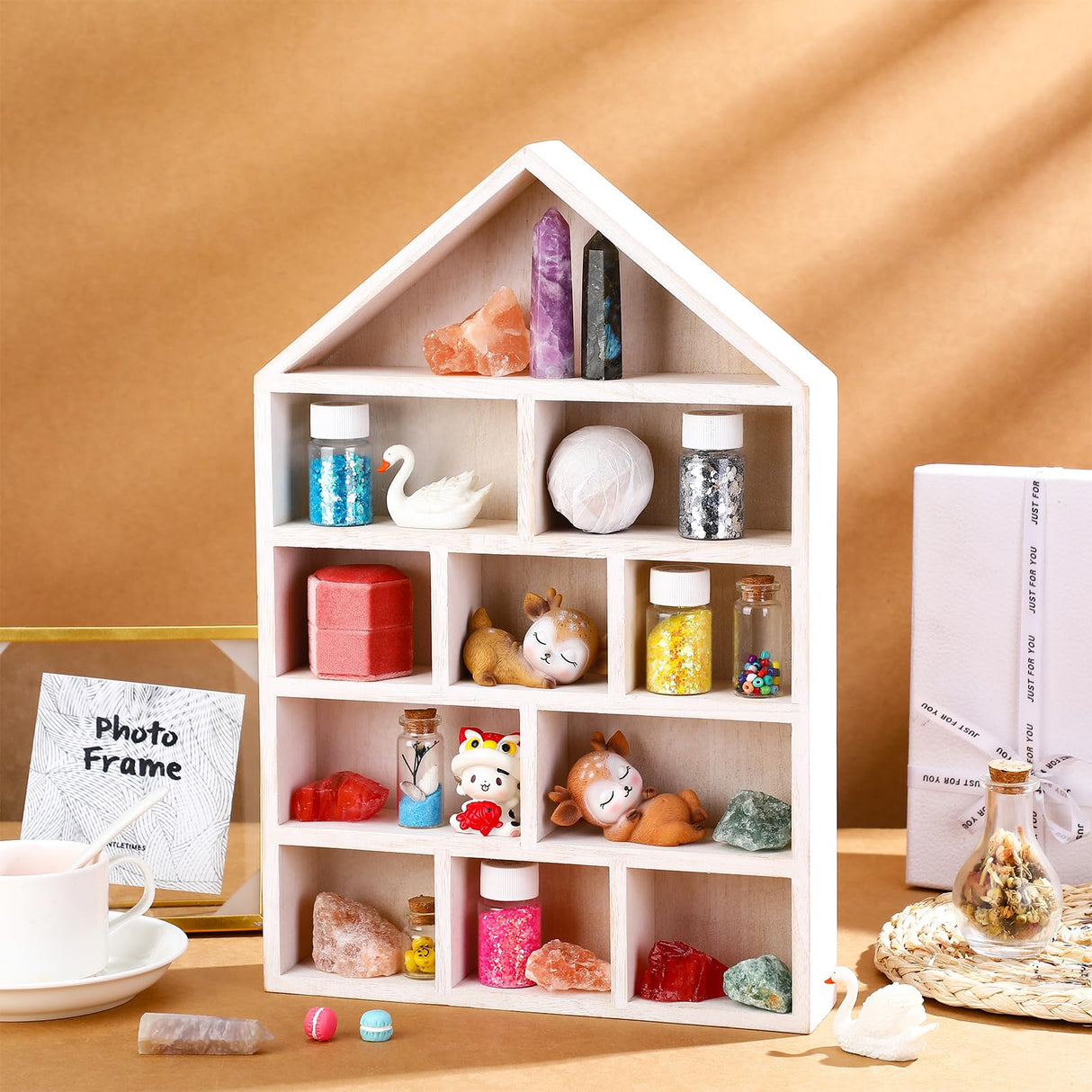 Threehoney House Shaped Wooden Shadow Cubby Box 10 W x 2 1/4 D x 15 H Hanging Display Shelf Organizer Wall Mounted Curio Cabinet Wooden Display Case Miniature Shelf for Figures(Wood Color) Threehoney