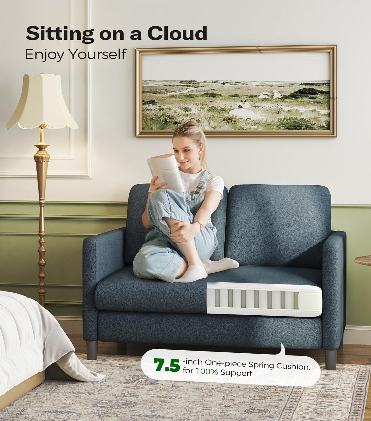 Welzona Loveseat Sofa, 51" Small Sofa Couch for Bedroom, Comfy Teddy Love Seat, Tool-free Setup Sofas for Living Room, All-wood Small Couches for Small Spaces, Small Couch No Pillow Include, Blue Grey Welzona