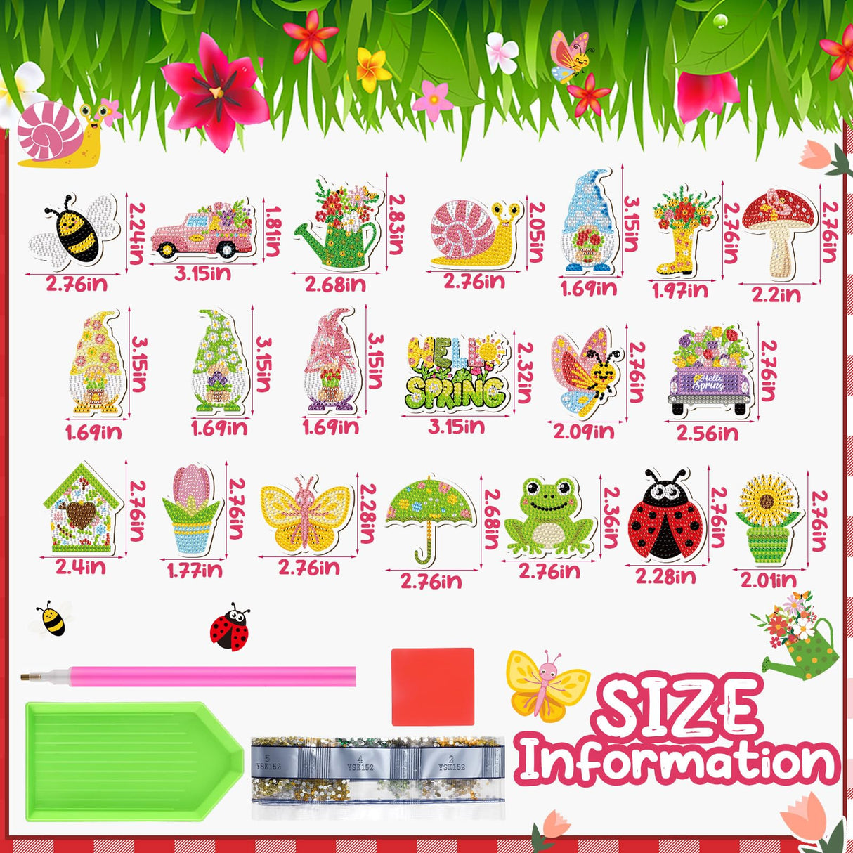 Saillong 20 Pcs Spring Diamond Painting Magnets Flower Butterfly Bee Gnomes Sunflower Diamond Art Magnets Kits Refrigerator Magnetic Stickers for Fridge Home Adults DIY Crafts Saillong