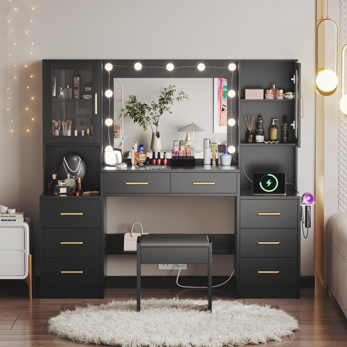 UGTOO Makeup Vanity Desk with Mirror and Lights, 58.3" Makeup Vanity with Lights & Charging Station, Dressing Table Vanity Set White Vanity Table with Cushioned Stool, 8 Drawers & 2 Cabinets Black UGTOO