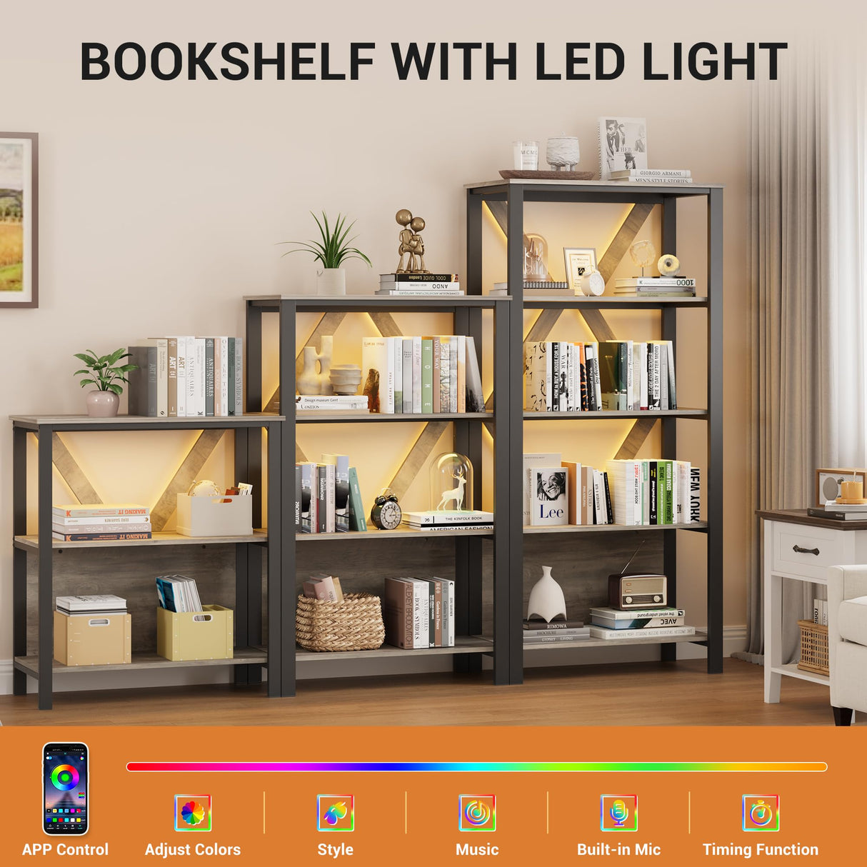 GarveeHome 3 Tier Bookshelf with LED Lights, Bookcase with Open Display Shelves, Wood and Metal Standing Bookshelf with Storage Rack for Living Room Bedroom Home Office, Grey GarveeHome